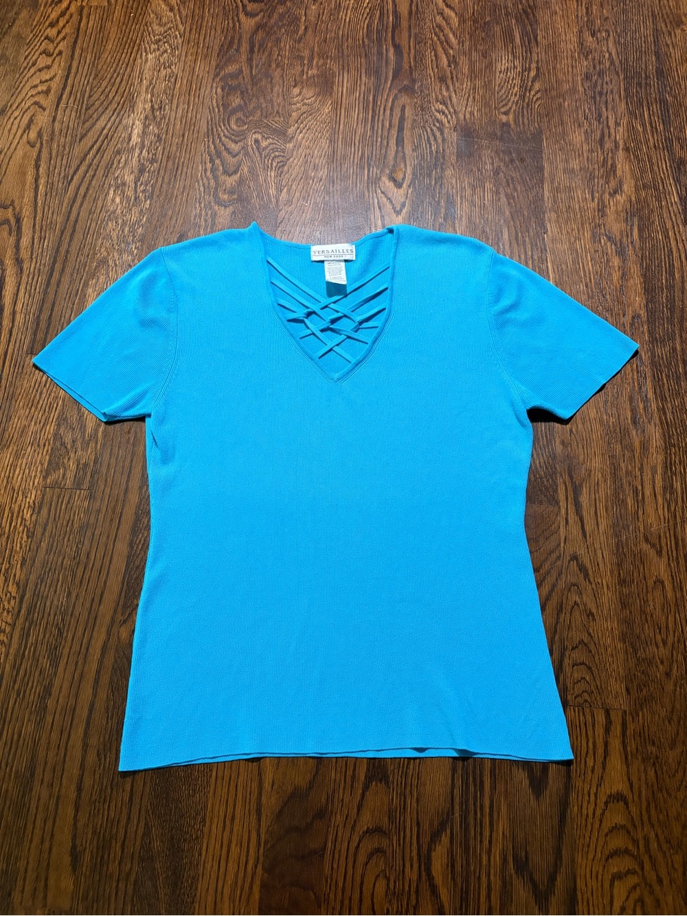 Versailles New York blue knit latticed crisscross blouse size Large
